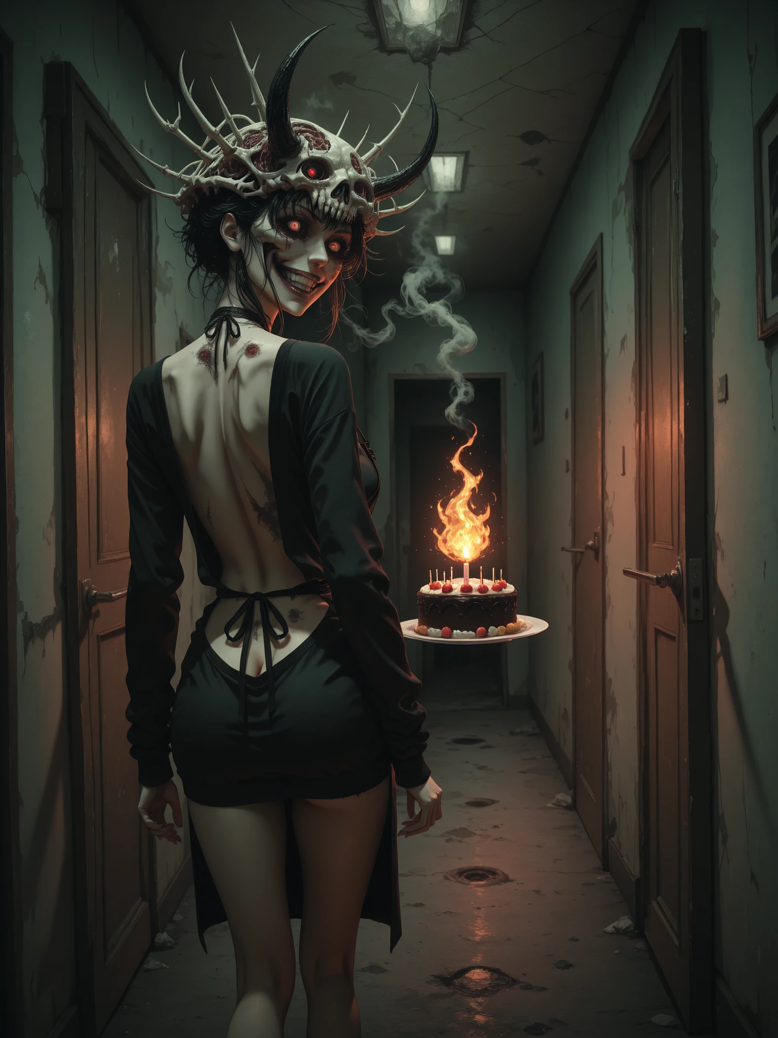 [topic]кадр в стиле horror киберпанк, creepy neighbor out of the dark|
[character]  an ordinary woman , , a naked girl is wearing one apron, without clothes,  a woman and a demon man stands behind an open door, a demon of shadow crawls out of the basement, bone and brain demon
[action] with his back to the viewer, back view ,serious expression、brought a bloody bone cake to her neighbor、majestic standing figure、Grin, holds cake in his arms ,looks at the audience、dutch angle,standing in a corridor filled with smoke, fire and candy demons, extends hands to spectators, knocks on the house door | 
[environment] on the doorstep、night background|
[style] horror masterpiece, horror、sweatshirt of the highest quality {x}、ultradetail、high definition, view through a peephole