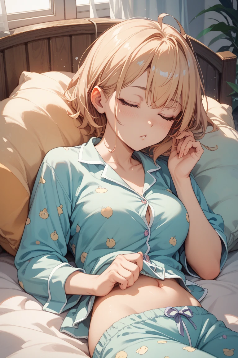 masterpiece, best quality, 1 girl, detailed beautiful face, short hair, waved hair, twintail, blonde hair, French braid, (floral pattern panties), embarrassed, (sweat), (lying on bed), (hand in panties), masturbation, (squirting), orgasm, open mouth, drunken eyes, 10 years old, sigh, closed eyes, (white blouse), (pleated skirt)