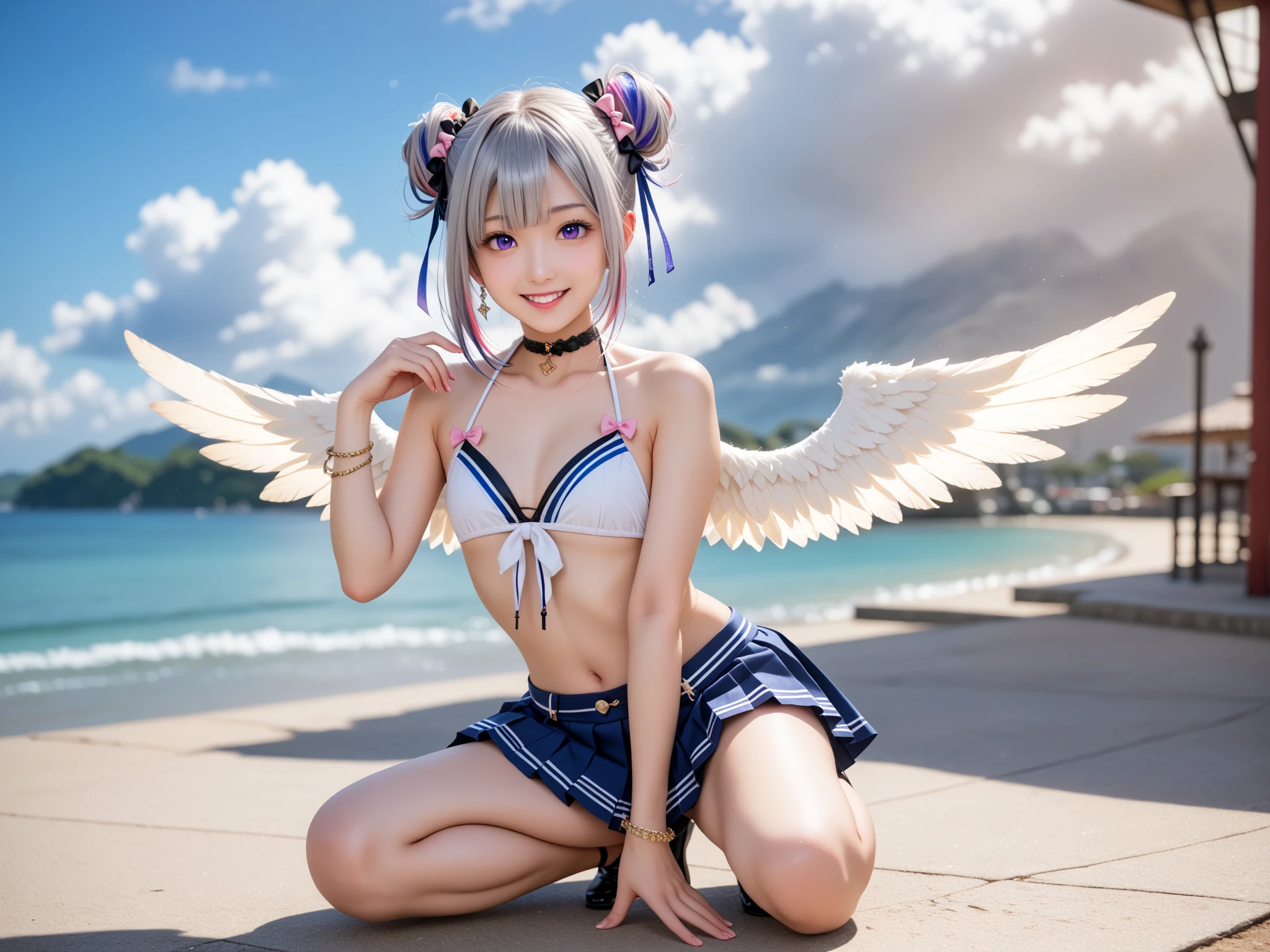 female angel、Angel White Wings、blonde twintails、blue bikini、background is sky