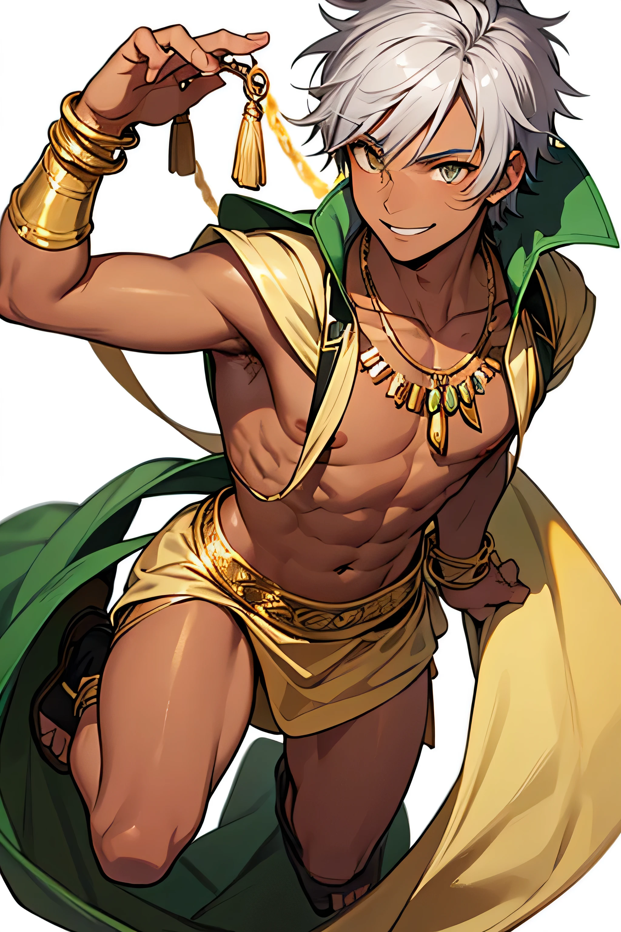Young boy, cool eyes, smiling, male, silver hair, golden eyes, fantasy world, Egyptian-style clothing, thief, golden necklace, gold bracelet, tanned brown skin, full body, white background, teenager, spiky hair
