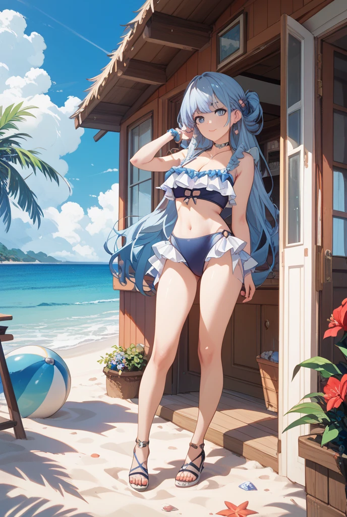 strow hat, frill bikini, ocean, full body, ((masterpiece, best quality:1.5)), ((Beautiful detailed cat aqua eyes:1.2)), cat ears, pale skin, medium breasts, beautiful hands, beautiful fingers, EasyNegative