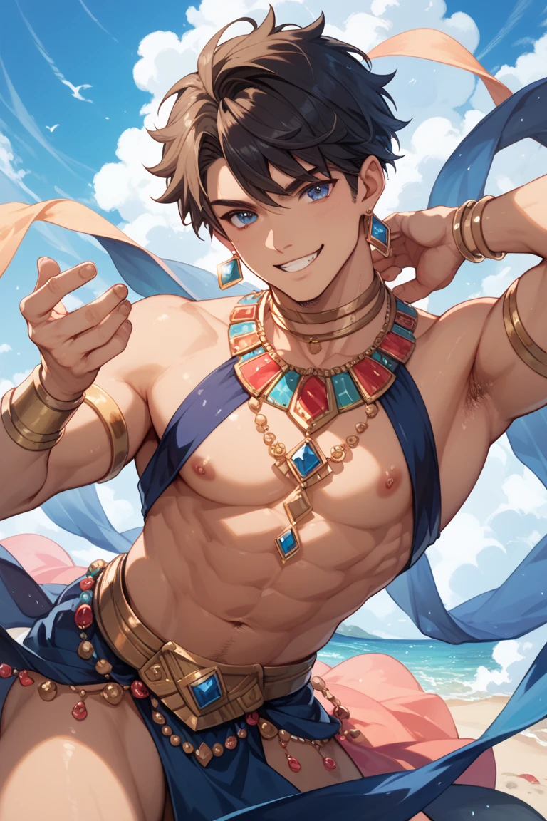 masterpiece, 1boy, cowboy shot, looking at viewer, smile, open mouth, water, wading, splashing, <lora:ClaudeFE3H-FEH:0.7> sumClaude, navel, yellow cape, earrings, bracelet, male swimwear, dark skin, beach, ocean