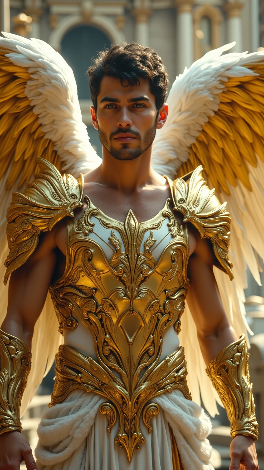 (vivid messy oil painting), (brush strokes), arafed boy in a gold outfit with wings and a sword, blue eyes, pale skin, angelic golden armor, full - body majestic angel, archangel, winged boy, angel in gold armor, eros, archangel michael, winged human, epic angel wings, eros and thanatos, grand angel wings, gold wings, young wan angel, attractive male deity, (((oil paintings))), (Vibrant, vivid colours, beautiful, textural, artistic)