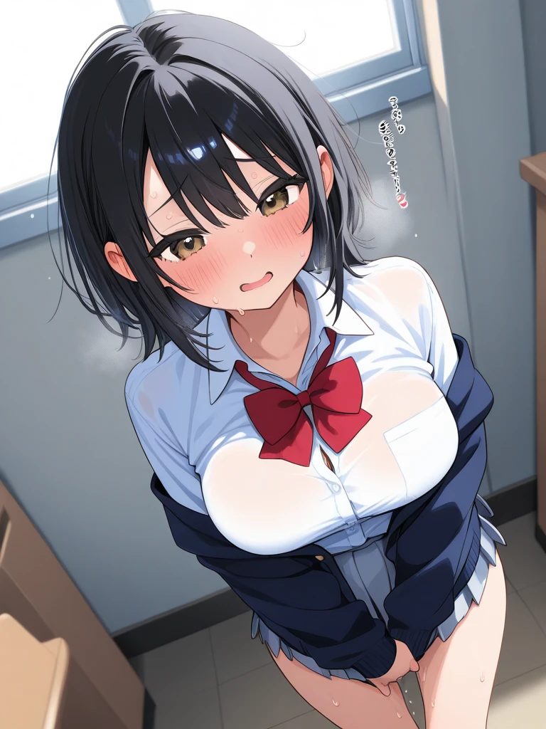one girl, black hair, short hair, blue eyes, high school student, school blazer, naive, slender, necktie, foggy, aphrodisiac, open mouth, drool, cute, nsfw, small breasts, cowboy shot, erotic face