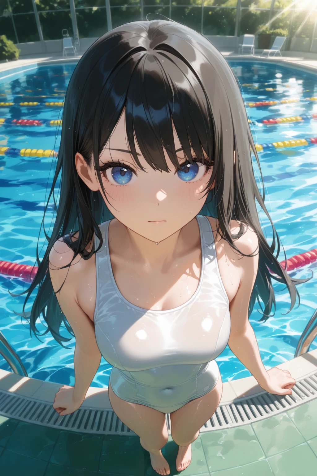 high quality、最high quality、Ultra-high resolution、Slender beauty、All white swimsuit、Embarrassed look、Droopy eyes、Poolside