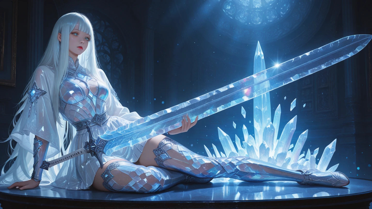 (Rear view, rear view),(Masterpiece artwork:1.3), ((best qualityer:1.3),Jennie Kim imagines a female crystal flower, Her exquisite figure is like a sculptural work of art., crying in the starry sky. The blue night enveloped her, Casting a melancholy light upon your ethereal figure. Her glass Glitter Farbeporals with bright blue hues, Every line and curve is engraved with intricate detail.. The glass of your eyes reflects the twinkling stars., Reflecting the infinite depth and emotion of the universe.. Your sadness is beyond words., But her beautiful figure was not affected., Proof of the extraordinary power of emotion. This 4K crystal woman is an exquisite image of light and shadow., Farbe, and feeling, reach，Glitter Farbeporal，bright line，fluorescence,Bright example，Trace example，flash，萤light particles，contra-luz，translucent，light particles，anatomia humana Farbereta，(showing panties :1.4),(convex fingers detailed),( background cave large stones frozen ice :1.4), 16K,( giant cave walls of quartz crystals :1.4) 