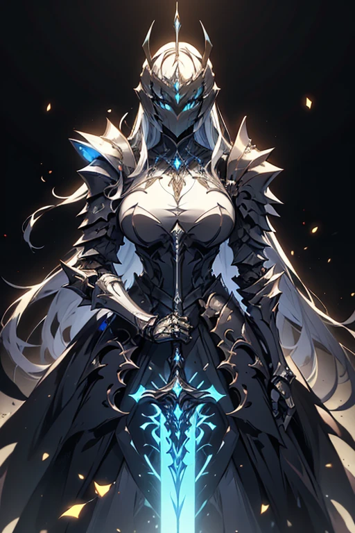 1girl,solo,long hair,white hair color,Jet-black eyes color,lip,super huge breasts,expressionless,Jet-black armor,breasts restrained by armor,fall into darkness,darkness knight,dark sword,burst into flames,dark flame,blue flame,looking at viewer,intent to murder,a contemptuous glance,dark castle back ground