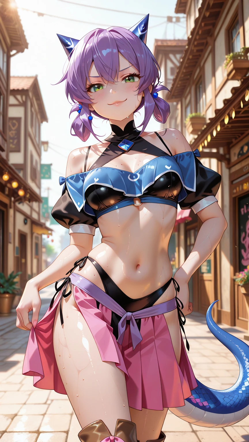 (A beautiful anime girl with short, vibrant pink hair and captivating blue eyes, sitting gracefully. She is wears a stunningly sexy and exposing lingerie, radiating elegance and charm. Her smile brightens up the room, complementing her fair and flawless complexion.)