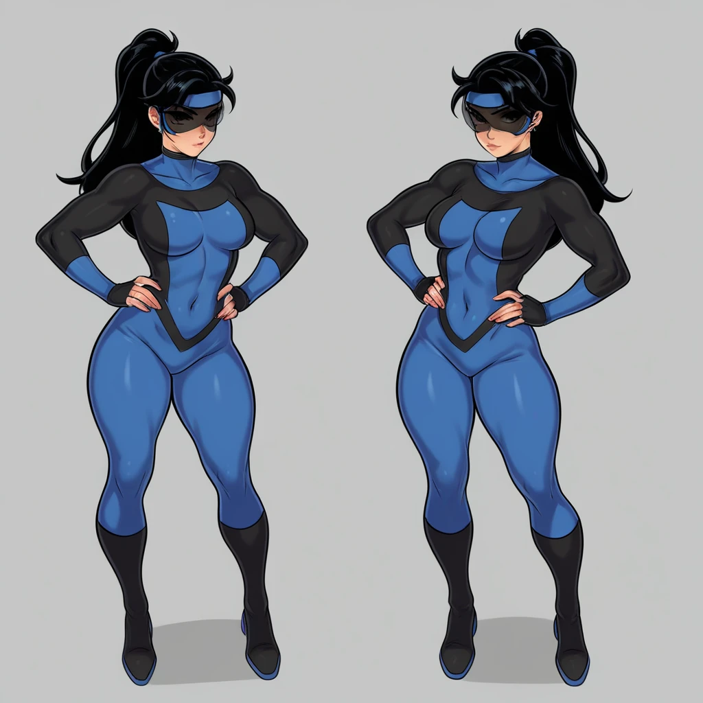 (((character sheet, front view, side view, back view, pose, concept, flat color, plain color))), (Shadman art:1.2), (big blissful eyes:1.2), (reclined), (curvy body:1.2), (highly detailed:1.2), (detailed face and eyes:1.2), (huge breasts:1.2), (busty), (deep cleavage), (breasts bulging:1.3),1girl,solo,RavenTT, dynamic post ,navy-blue cloak, brooch, leotard, belt,short hair,purple hair, purple eyes,black lipstick,grey skin,curvy,wide hips