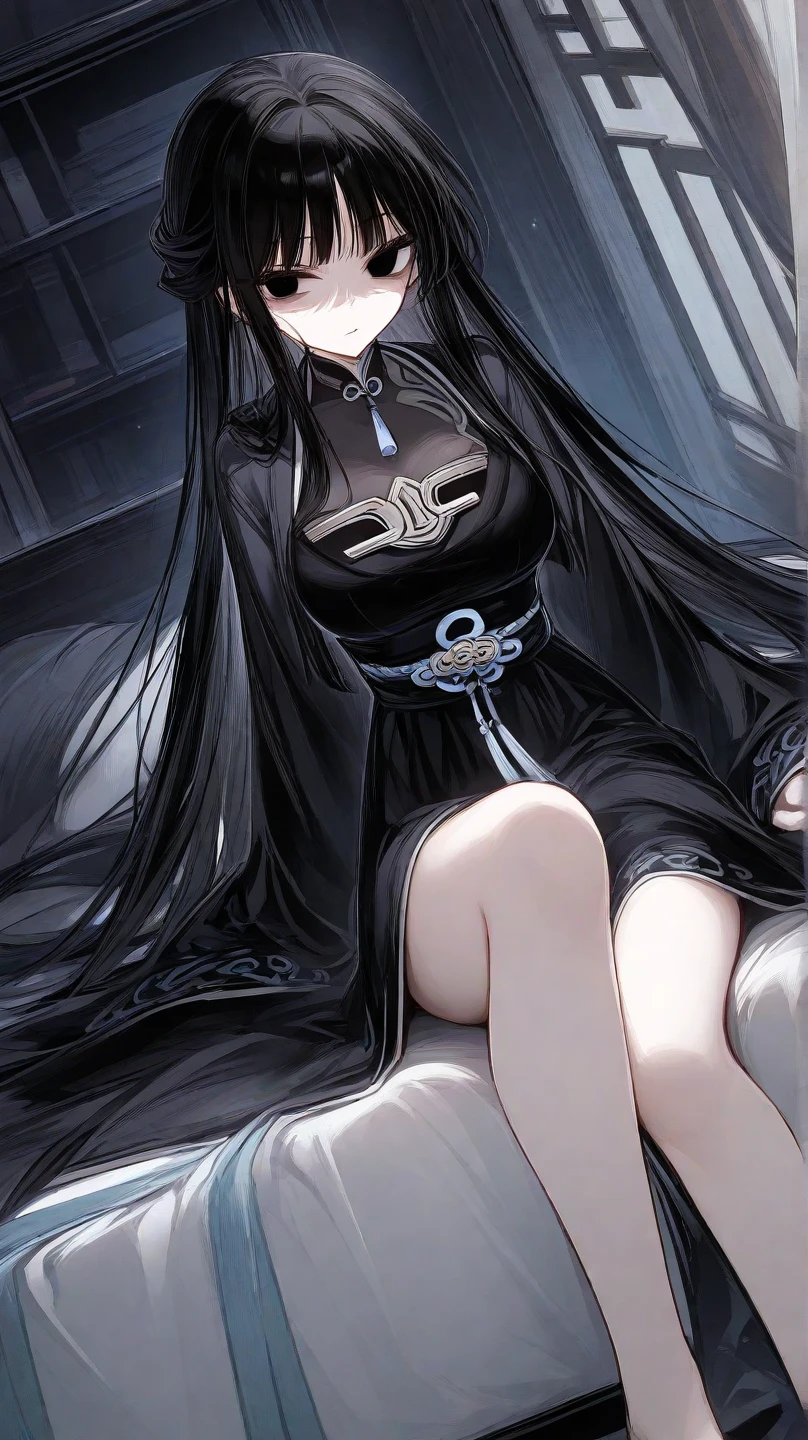 1girl, flower, ruby, sitting, medium breasts, eyes closed, long hair, black hair, solo, black dress, indian style, dress, white flower, barefoot, blood, jewelry, closed mouth, hair ornament, blush, long sleeves, cat, hair flower, forehead visor, bangs, anklet, full body, chain, bare shoulder, very long hair, large breasts, black background, crossed legs, hand up,  dark background, taupe, light and elegant dress, Pauldrons