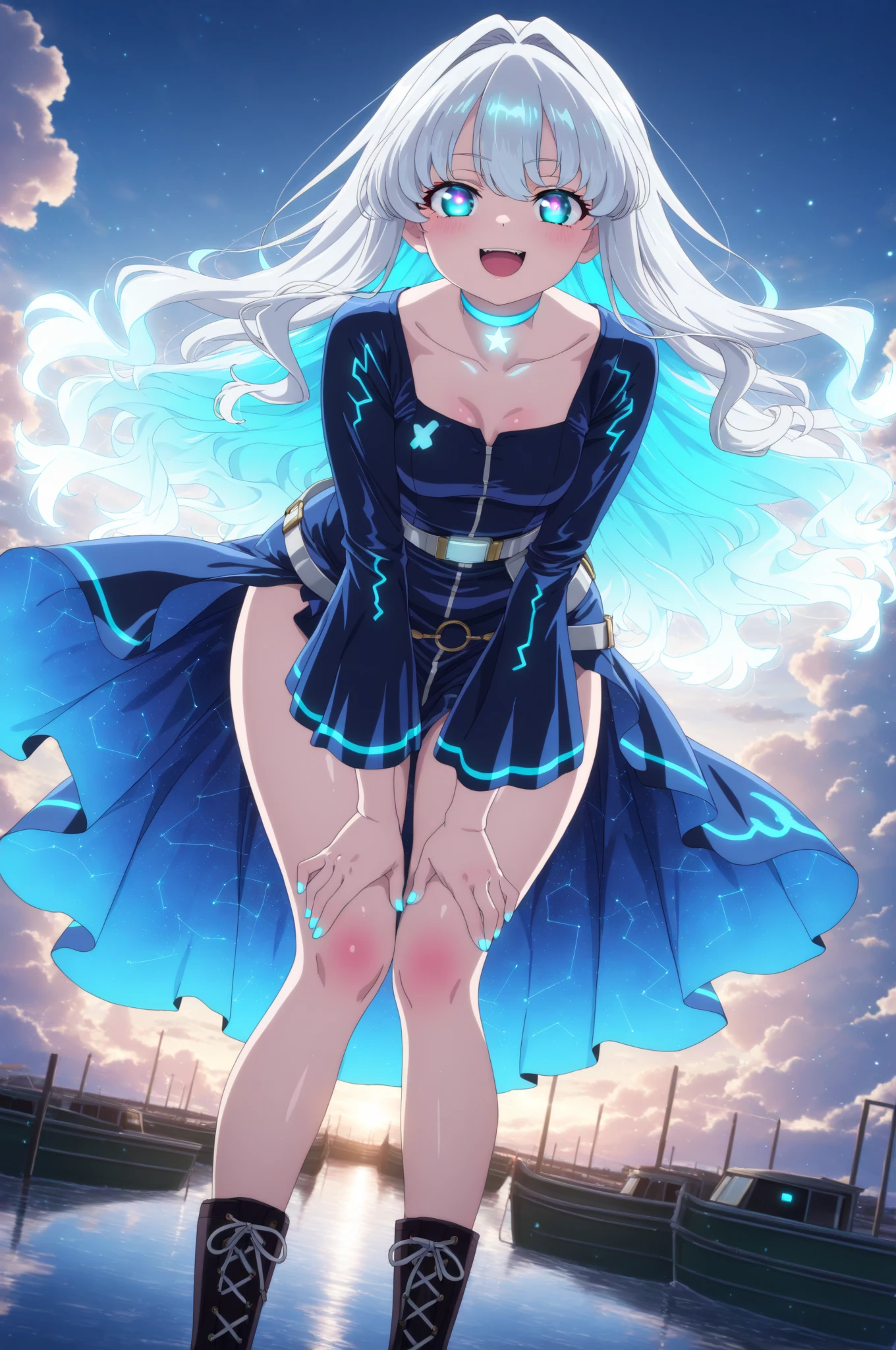 (Masterpiece), (Top Quality Anime Illustration), (Super Definition), One Girl, Solo, Beautiful Girl with Silver Hair, Anime Loli, Cat Ear Loli, Light Blue Miniskirt Cheongsam, See-through, Sleeveless, Smile, Cleavage Emphasis, Side Breasts with Bare Skin Visible, Open Stance, Thighs, Butt Protruding, Ass Focus