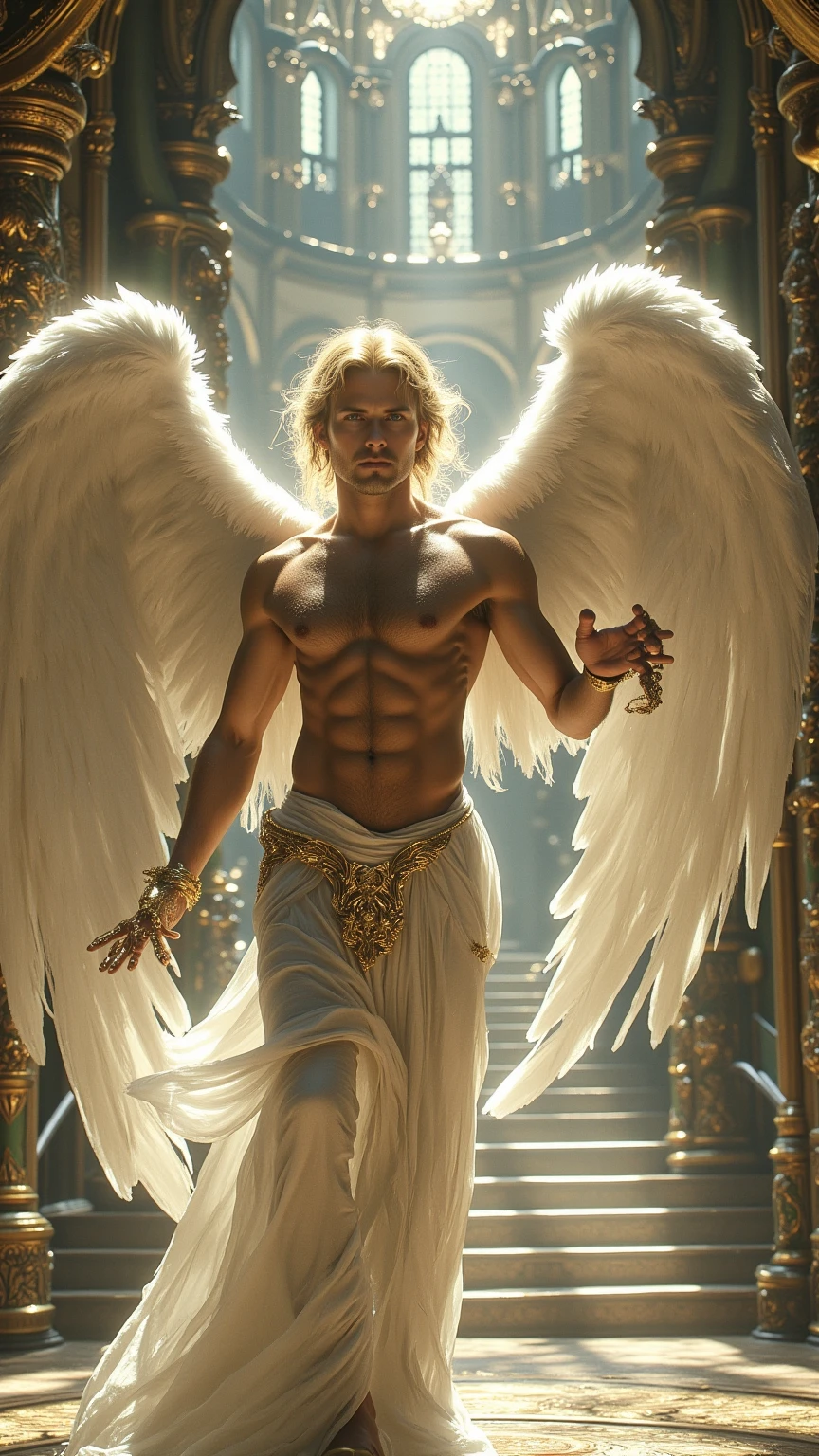 A photorealistic depiction of Himeros, the Greek god of sexual desire, standing majestically. Himeros is tall and athletic, with smooth, sun-kissed skin. His piercing green eyes are filled with seduction and wisdom, and his flowing, curly black hair cascades down to his shoulders, catching the light to highlight its luster.
His stance is confident and graceful, exuding both power and allure. From his back, large, magnificent wings extend, their feathers shimmering with subtle iridescence, capturing the light in hues of white and gold.
Near Himeros, a single serpent is coiled around a wooden staff. The staff, ancient and intricately carved with symbols of healing, stands upright next to him. The serpent's iridescent scales shimmer with shades of green, gold, and blue, and its eyes glint with mystical intelligence. Its tongue flickers as it senses the energy around it, adding to the divine ambiance.
The background features an ethereal landscape with soft, golden light filtering through the clouds, casting a warm glow around Himeros. Elements of Greek architecture, such as marble columns and ancient temples, are interwoven with natural elements like olive trees and blooming flowers. This setting creates a divine and harmonious atmosphere, highlighting the convergence of desire and healing.