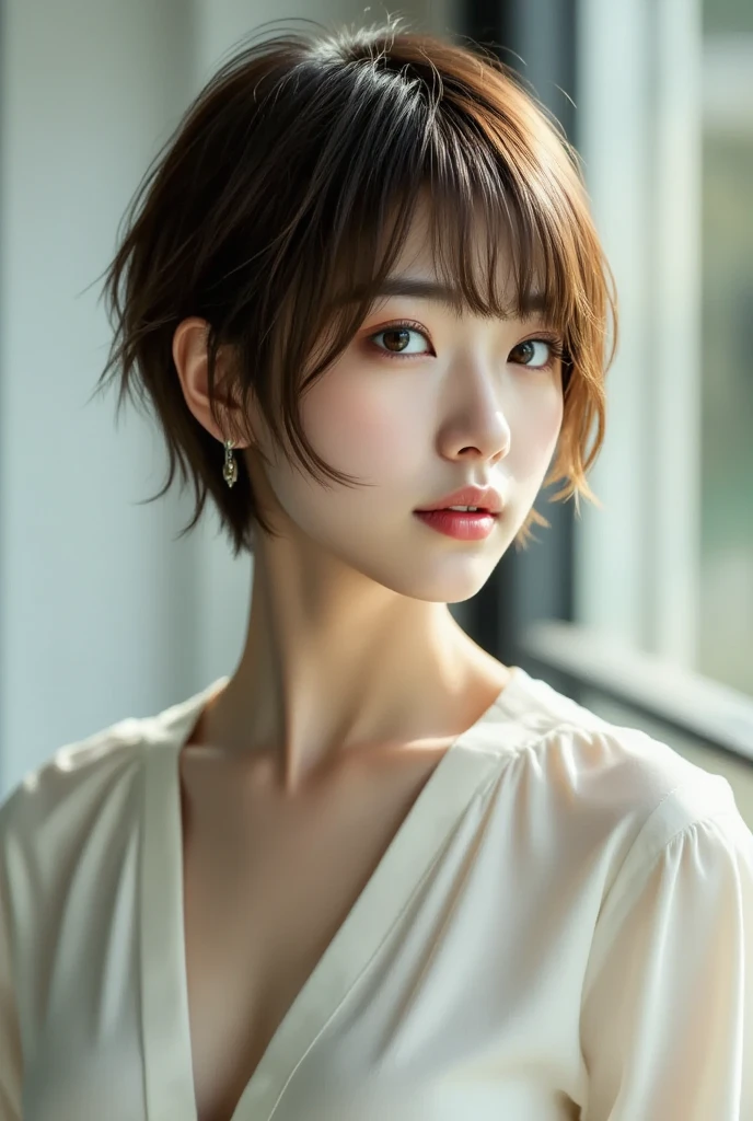 zydG, 1girl, detailed skin, view, brown eyes, (short hair with bangs: 1.2), (middle chest: 1.0), (medium areola: 0.8), (photorealistic: 1.4), (highest quality: 1.0), (ultra high definition: 1.0), 8K, RAW photography, (masterpiece: 0.2), (pureerosface_v1:0.5)