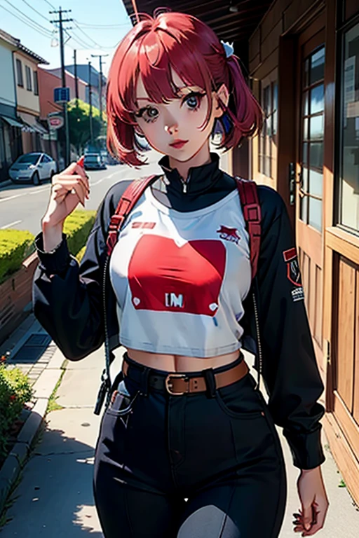 Hair with red,pink,white and black and bangs, ears with tragus piercings and one lobe and one hilux , eyes with good mood ,red sexy lips , short t shirt, short pants,,left hand with diamond bracelet, roght hand with one diamond ring,