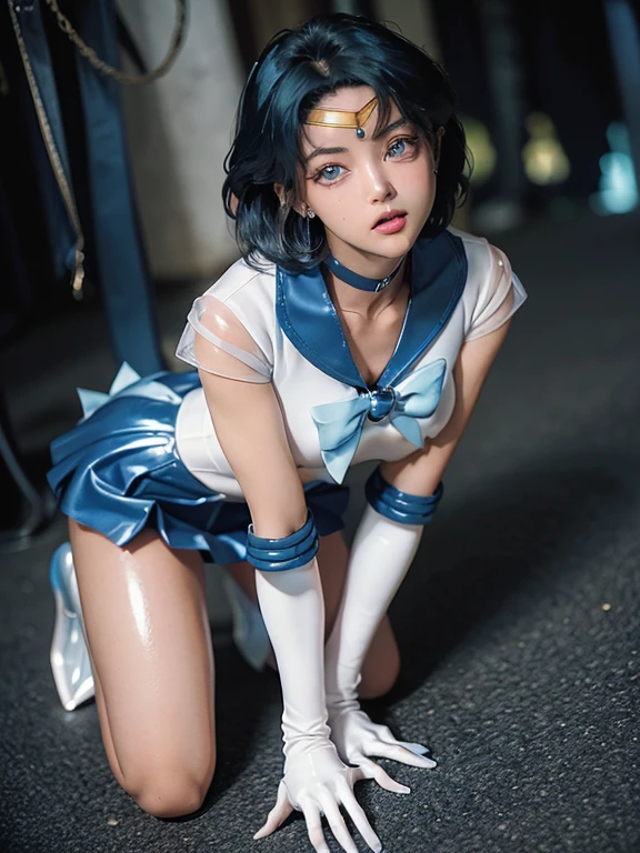 unparalleled beauty，Beautiful woman，scary expression，(prison)，(prison)，(in a cage)，(slave)，get down on all fours，crawl on hands and knees，kneeling posture，Posture with butt sticking out，dog pose，((stick out tongue))，((drooling))，Kamimei，From above，(collar with chain)， with cuffs，fetters，surrealism, f/1.2, fujifilm, 35mm, 8k, Super detailed, nffsw, table top, rough skin, high quality, hard disk, highest quality，masterpiece，Ultra-high resolution, Very detailed, 8k，(Beautiful woman)，one person，40 years old,  (Sailor Mercury), (Facial details, Bright Blue Eyes, Beautiful Face, Beautiful Eyes, Shining Eyes, Thin lips, Thin, sharp, pale eyebrows, Long, black eyelashes, Long and thick lower eyelashes, double eyelid), Fluffy blue hair, ((Blue sailor collar, Very tight and shiny uniform)), ((Long white latex gloves,Beautiful female hand in white latex gloves)),Shiny blue latex knee-high boots, Stiletto heels,Blue choker、Blue gloves on elbows, Beautiful blue pre-gated mini skirt, Blue Collar, golden tiara,Earrings)),Luxury gold jewelry, skinny, Large Breasts, Perfect Proportions, Narrow waist, Visible pores, Beautiful shiny dark blue hair, Perfect hands, High leg swimsuit, High gloss holographic leather for a snug fit,Octane Rendering