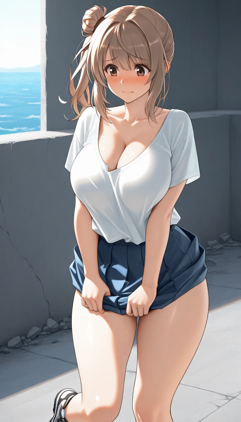 Top quality、32K quality、masterpiece、nffsw:1.2)、Cute Loli、Medium to short hair、Short braids、Beautiful face、(Laziness:1.3)、Squat、(from above:1.2)、(close up:1.4)、、((You can see the breasts))、Chest sheer、Loose, baggy T-shirt、、Outdoor、wind、Smooth skin、Blurred background