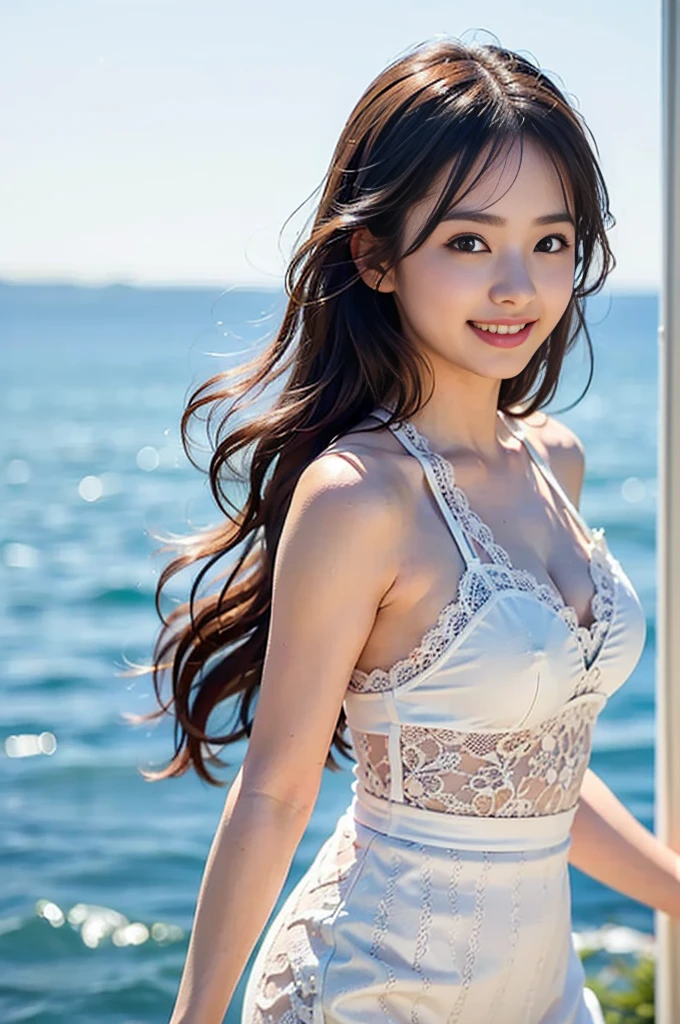 8K, (超Realistic: 1.35), (Realistic: 1.4), 1 Korean beautiful girl, smile, one person, light makeup, masterpiece, 超high resolution, high resolution, one person, Sexy Bra, Underboob Bikini、 puberty, one personの少女, ((perfect body)), ((best image quality)), ((Hola)), ((very delicate and beautiful)), ((very shallow depth of field)), nffsw, ((incredibly shallow depth of field. familiar)), (((very delicate and beautiful))), (((Very shallow depth of field))), nffsw, (((incredibly absurd))), (((perfect body))), (((black hair )))), (((long hair)))), (((looking at the camera)))), (((big breasts))), (((Serious face))), poor, myself+background, dynamic angle, female focus, {particles of light}、 詳細なbackground、((paul hedley))、soft lighting、(dramatic)sunset、sunset、とても美しいsunset、live-action、real、top angle、かわいいsmile、(backgroundぼかし)、18-year-old、((Wind))、((movement))、((emotion))、((colorful))、((baby face))、((Beautiful teeth))、海のbackground