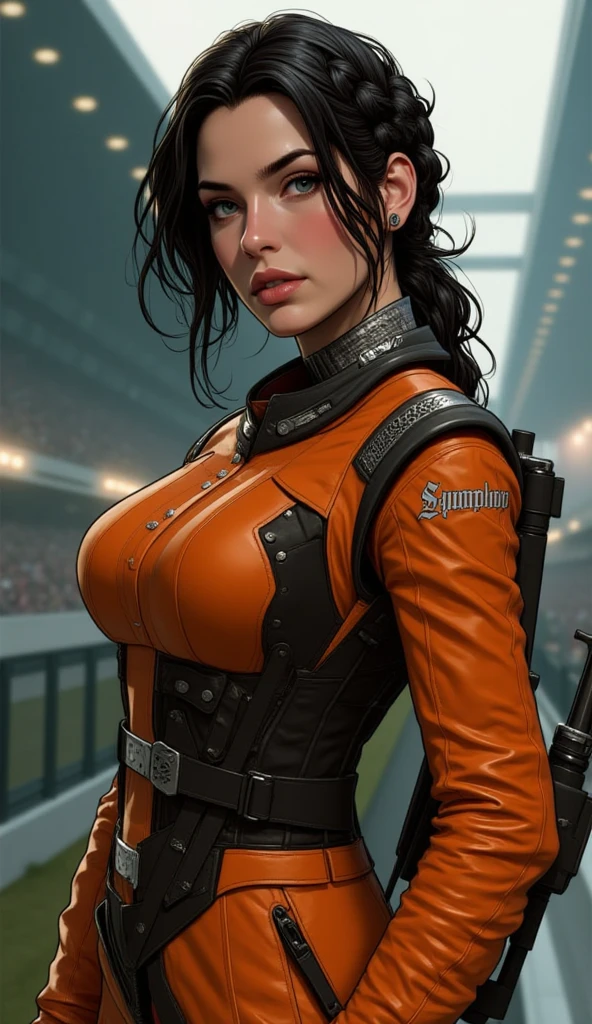 a beautiful Hawaiian woman, A gorgeous female mechanic in an atompunk style, with a blank background, wearing an unzipped orange jumpsuit revealing cleavage, featuring a mechanical hand and cybernetic augments, in a retro-futuristic setting with gunmetal grey tones,