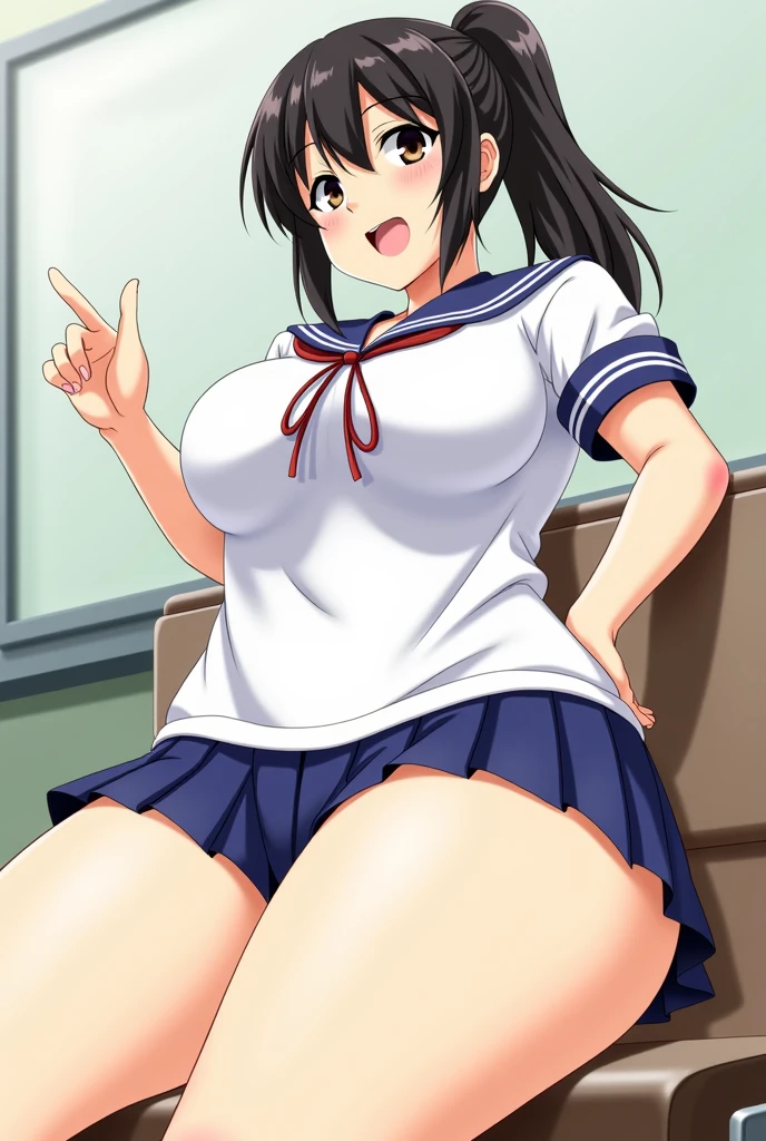 1girl, tsushima yoshiko, love live!, straddling, squatting, spread_legs, sailor suit, dark blue collar, white shirts, short sleeve, dark blue skirt, black skirt, open clothes, front open shirt, Blue Striped Panties, Skirts twisted by the wind, big ass, huge breasts, huge tits, huge , cleavage, long hair, single hair bun, looking at viewer, shy, blush, masterpiece, best quality, very aesthetic, absurdres, anime, official art, nsfw,