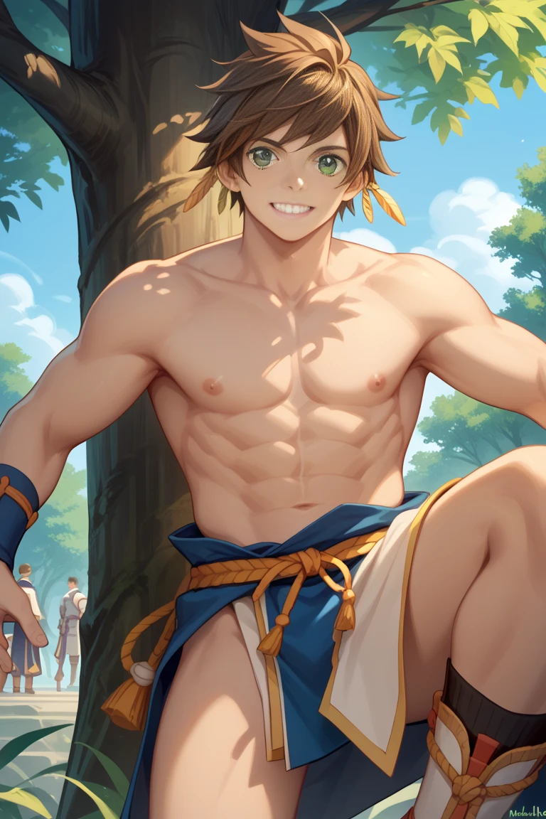 野性的なBrown skinの狼獣人の部族の細マッチョな奴隷少年、Brown skin、barefoot、barbarian、Ankle Accessories、Wolf Ears、Wearing an ivory necklace、smile、Wearing a loincloth、Short Hair、Tattered Loincloth、Iron Collar、Jungle Lake