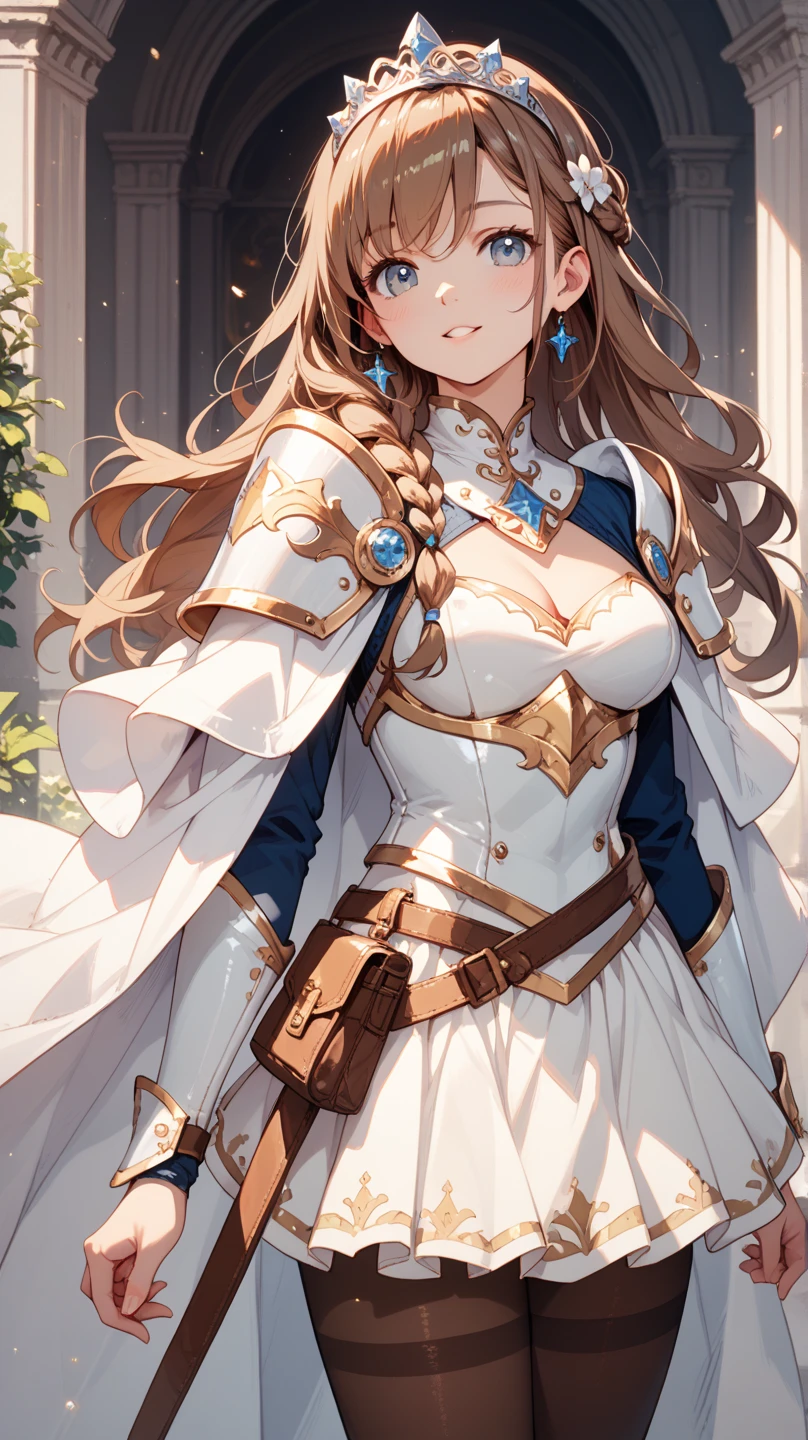 female warrior, long blond hair, blue eyes, dynamic pose, wearing Victorian-era armor, ((background: a sky full of clouds))