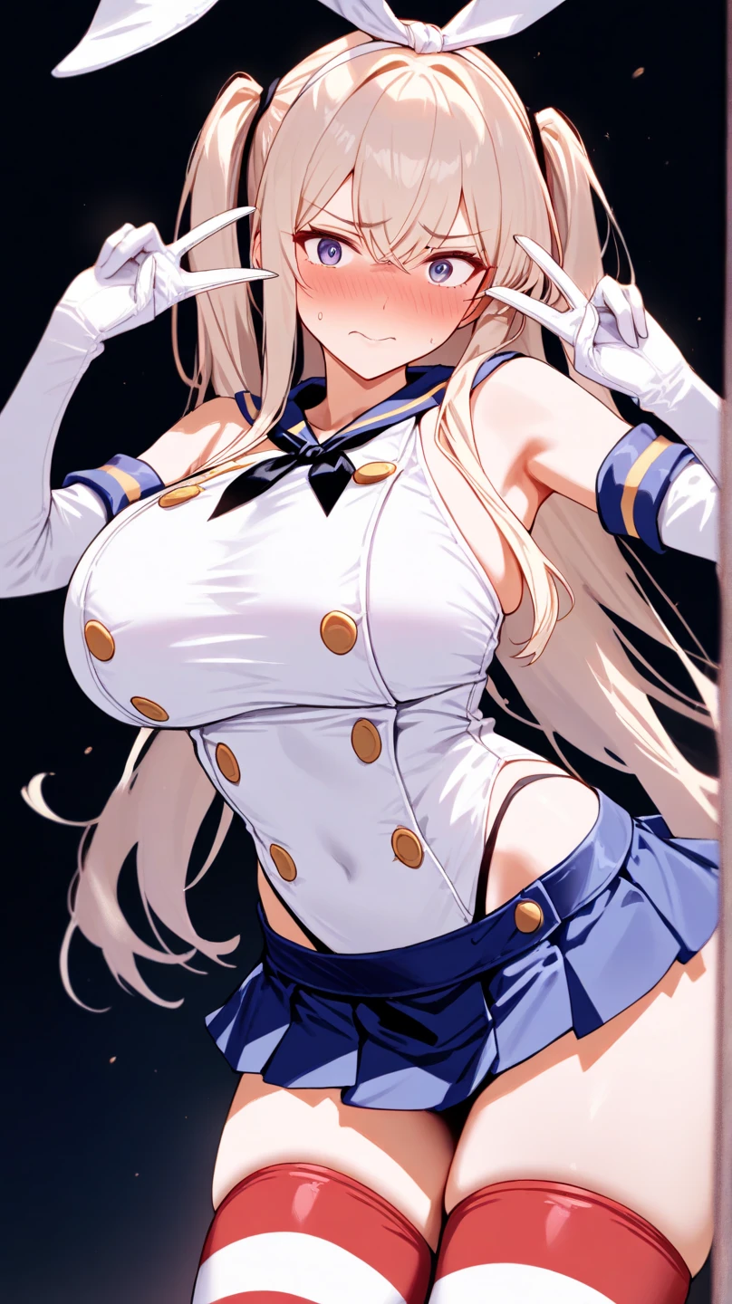 top-quality、realistic touch,high-detail、photoRealstic、thin-waist、captive beauty、big eye、solid platinum-blonde eyelashes、platinum-blonde、full body Esbian、Sparkling eyes、Submissive smile、Flushed cheeks、Kamimei、thin-waist、Voluptuous thighs、Enraptured look、In the classroom of  the school、Navel look、She is in estrus、a sailor suit、cocky expression、Colossal tits、Super short skirt with V-line visible、Camera angle from below、Big breasts visible between uniform and stomach、Sleeveless、Squat with open legs、