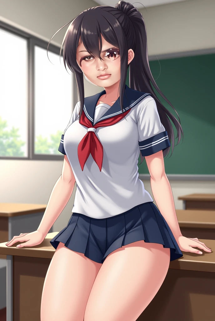 (detailed、masutepiece, top-quality:1.3), (Ultra detailed 8K cg:1.2), (realisitic:1.35), (Realistic:1.4), Cowboy Shot, 1 beautiful Japanese girl, 28 years old, beautiful supermodel, Japanese Idol, (kneeling on the desk:1.1), (School uniform:1.4), (Spread legs:1.2)、(School classroom background:1.1), breasts, cleavage、Beautiful woman full of charm、blue-sky (sfw), (very detailed eyes), small breast, from behind, (((anime))), ((detailed eyes))