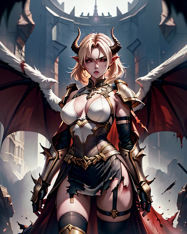 A short large butted pale woman wearing red dragon scale armor looking over her shoulder walking towards her dragon, she has short blonde hair big hazel eyes and carries a red sword