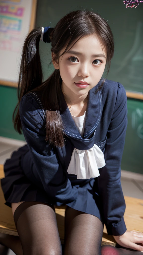 ( top quality next to viewers, masterpiece, 16 kg,    details 、 beautiful hand skin,    Professional Lighting ) ,｛(( Japanese Women、   Dark Eyes、  Teacher Costumes、white frill shirt、navy blue pencil skirt、wear black stockings、school classrooms for teens、 from an angle、     chalkboard background、the focus is on her beautiful thighs、ponytail、cute pose to wrap yourself in))}