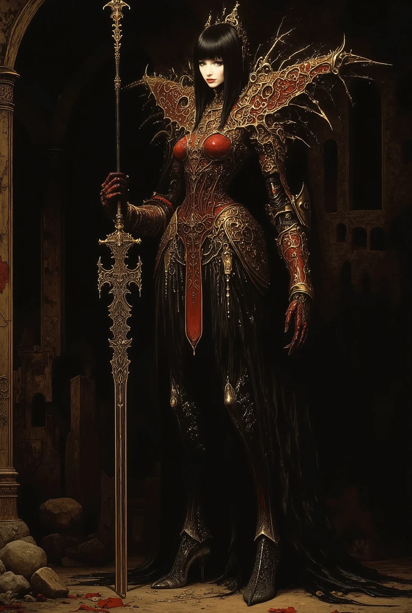 Cybernetic goth girl Mecha, very high, piernas largas , cut bob breasts, black hair, color gold and red in her armor, holding a reaper. dynamic posture. Background of the catacombs.