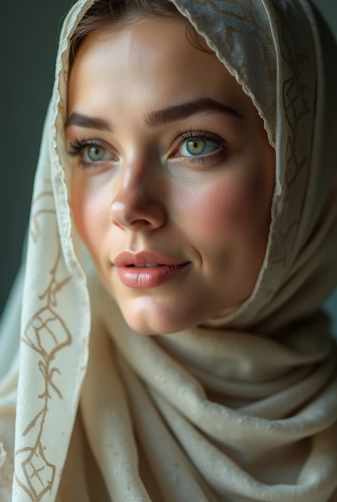 top-quality,Beautiful detailed hijabi,Bewitching face,swedish person model,long lashes,Wearing a long colorful lace dress,Hide your mouth with a lace cloth,Detailed details,Colossal tits,With cleavage,stares at the camera、palatial palace