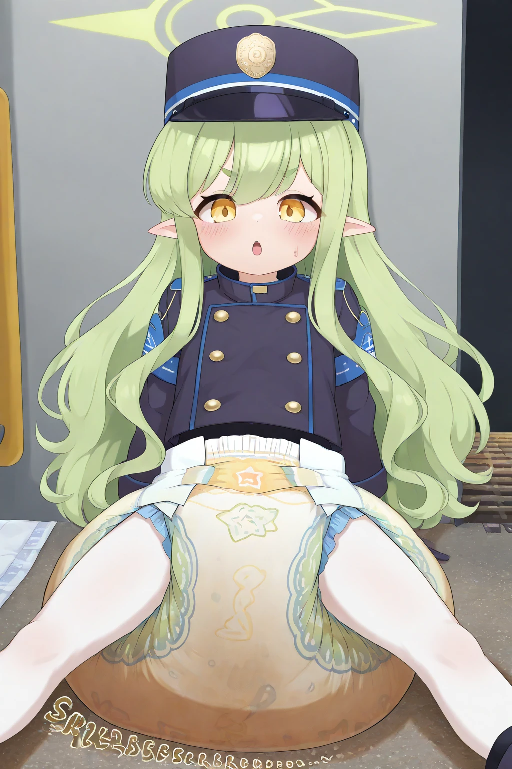 Long Hair, chest, View your viewers, blush, smile, Open your mouth, bangs, blue eyes, 大きなchest, Knee socks, gloves, ribbon, belly button, chestの谷間,  Transparent swimsuit, whole body, Gray Hair, 巨大なchest， (巨大なchest: 1.8), Green Hair, horn, Pointed Ears, Blunt bangs, Raise your arms, (１People Women),  (Side tie bikini bottom), (Transparent micro bikini), (（White tiny micro bikini）), wave hands，No pants,Watch Viewer, Sweating profusely, Vulgar,,The crotch is open,,show off,front,Spread your legs,Squat,Pee,pubic hair，pubic hair，pubic hairがはみ出ている，The nipples are erect，Nipples are erect、Spread your with your fingers，