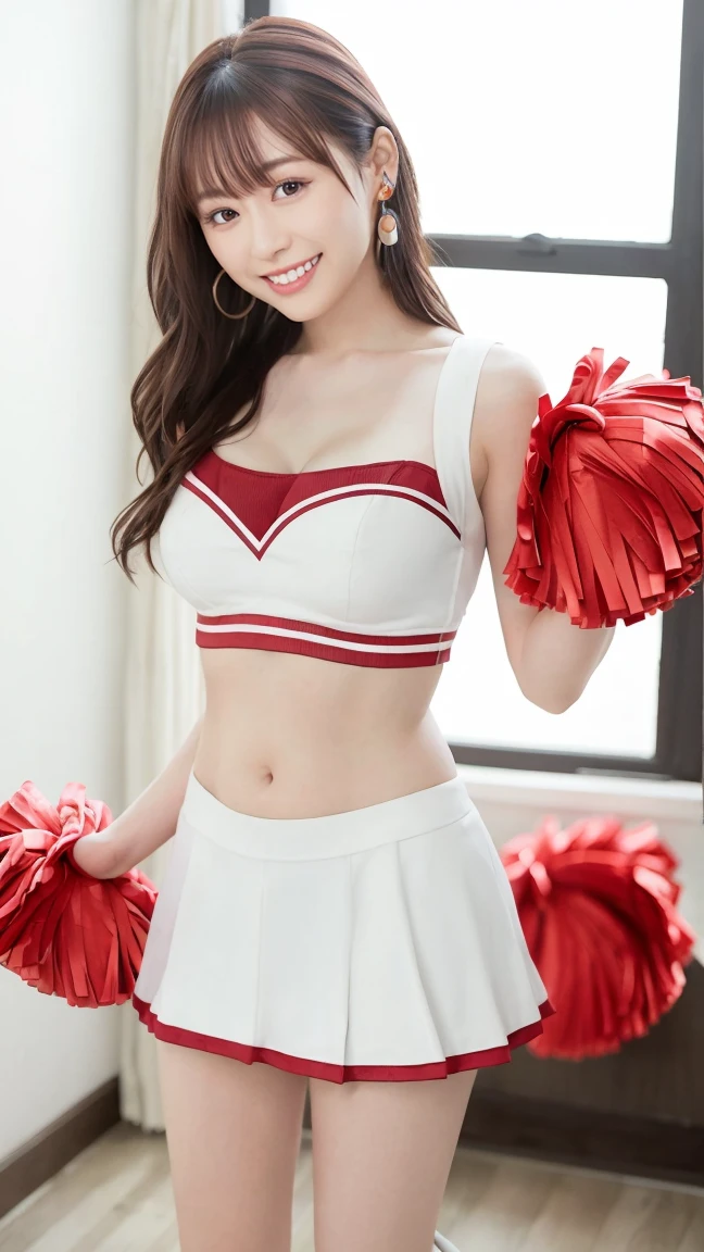 ((highest quality,High resolution,8k images、masterpiece:1.3)),Japan Female Face、20-year-old、smiling with mouth wide open、artistic figure woman、(big breasts:1,3)、Cheerleader、Cheerleader costume、cleavage、arena、Expose belly、mini skirt、dynamic movement、