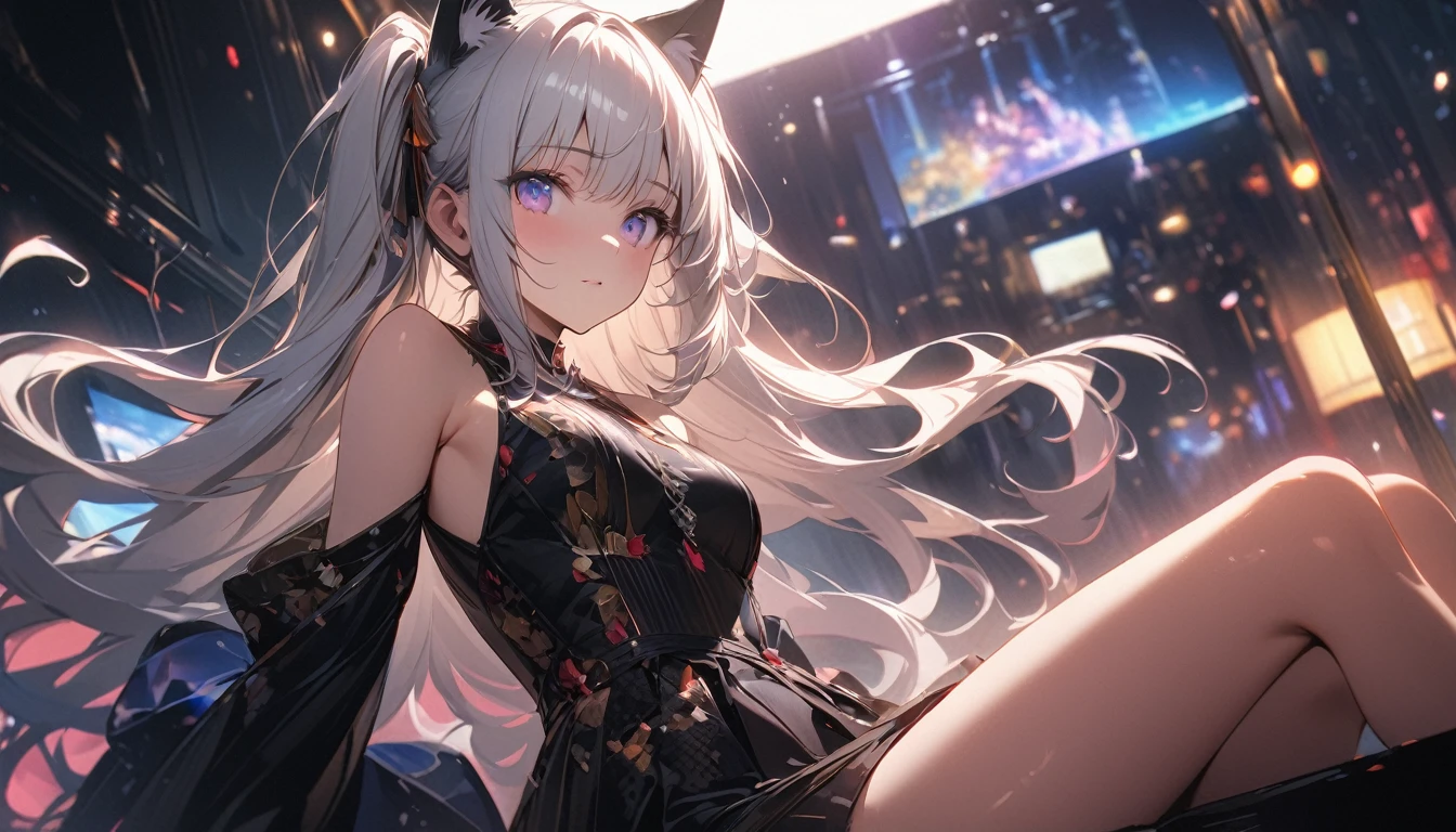 anime girl with long white hair and a cat ears sitting on a chair, kantai collection style, seductive anime girl, azur lane style, beautiful anime girl squatting, (sfw) safe for work, anime moe artstyle, , from the azur lane videogame, the anime girl is crouching, cushart krenz key art feminine