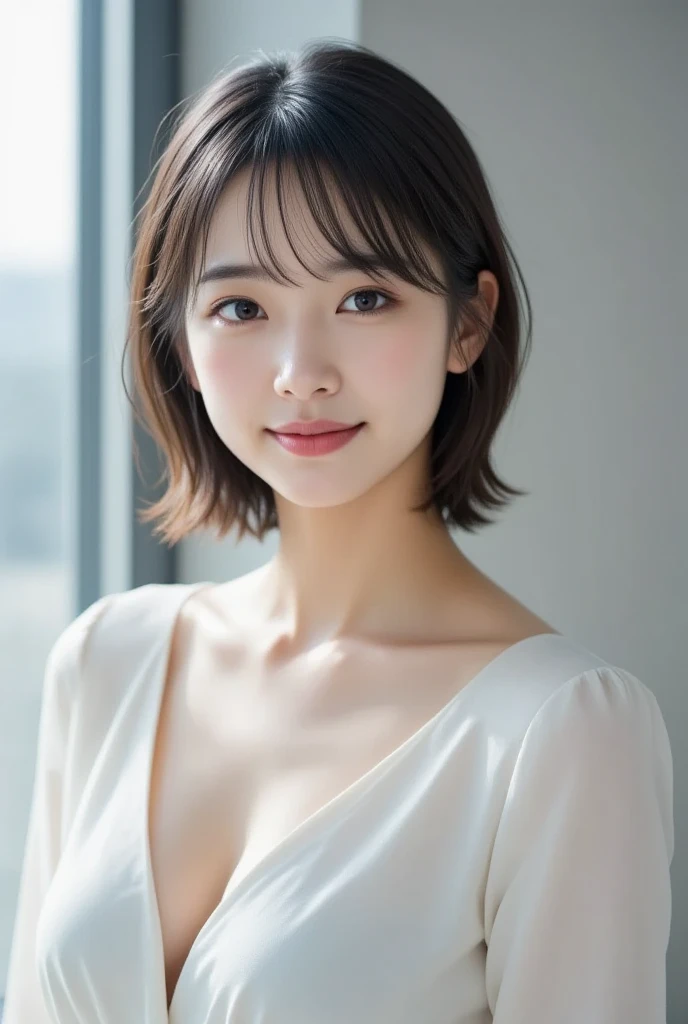 (RAW Photography:1.2),(Photorealsitic:1.6),(masterpiece:1.3),(top-quality:1.4),hight resolution,HDR,8K分辨率,(intricate detailes:1.6),(volumatic light),portlate,A Japanese Lady,40 years,short-hair,Layered Hair,brown haired,extremely detailed eye,Sauce order,Highly detailed eyebrows, highlydetailed skin, highly detail mouth,highly detailed nose,Cute as an idol,Happy smile,White camisole
