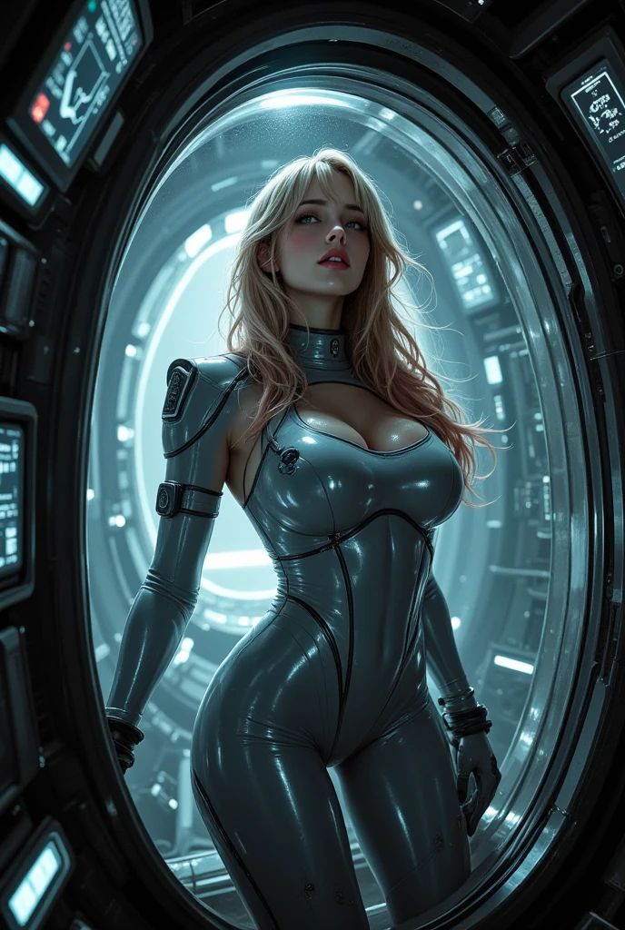 ((1 girl)), sexy astronaut, shiny latex transparent suit, cameltoe, whith space helmet, ((seminude big boobs)), beautiful detalied nipples, perfect ass, ((realistic hot proportions)), cute detalied face, big aqua blue eyes, shinny platinum blonde hair, ((shiny skin)), whith one laser gun, high lighting, high full color, on a dark spaceship tunel, tentacles menace,in a cavern of the planet terror, ((best quality)), ((masterpiece)), (high-resolution:1.2), ((best quality)), ((masterpiece)), (high-resolution:1.2), 8k.