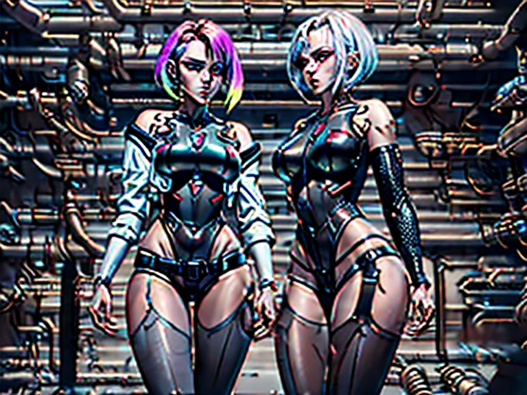 A closeup of a woman wearing red cat uniform with blue coat and some other poses, front side and back poses, cutesexyrobutts, woman with short black hair with light blue locks, eyes with bright blue and red tones with vampire iris, pale skin, vampire, pointed ears, muscular!, fit body, gynoid body,sweaty body, perfect body, fit body, abdomen, large breasts, chubby butt, prancing ass, prancing butt, full body concept art, detailed full body concept art, Cushart Krenz Key Women's Art, Masamune Shirow style, Yusuke Murata style, Ilya Kuvshinov, Oppai proportions, official character art, uniform, full body concept, (best quality, masterpiece) a cute chibi girl,