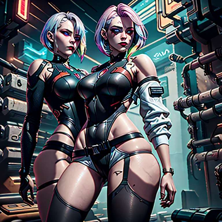 there is a woman standing with a rainbow light, 3 d neon art of a womans body, neon-noir background, cyberpunk femme fatale, seductive cyberpunk dark fantasy, cyberpunk strip clubs, cyberpunk 20 y. o model girl, oppai cyberpunk, banner, high definition cgsociety, cgsociety masterpiece, trending on cgstation, kda