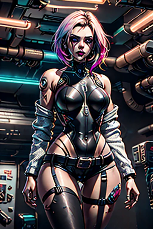a sexy female cyborg, retro graphics, nsfw, magazine cover, poster art, Lovecraftian horror theme, bold huge text, matted design layout, intricate cyberpunk details, highly detailed face and eyes, flawless skin, metallic cyborg body parts, dark moody atmosphere, dramatic lighting, cinematic composition, vibrant neon colors, glowing technological elements