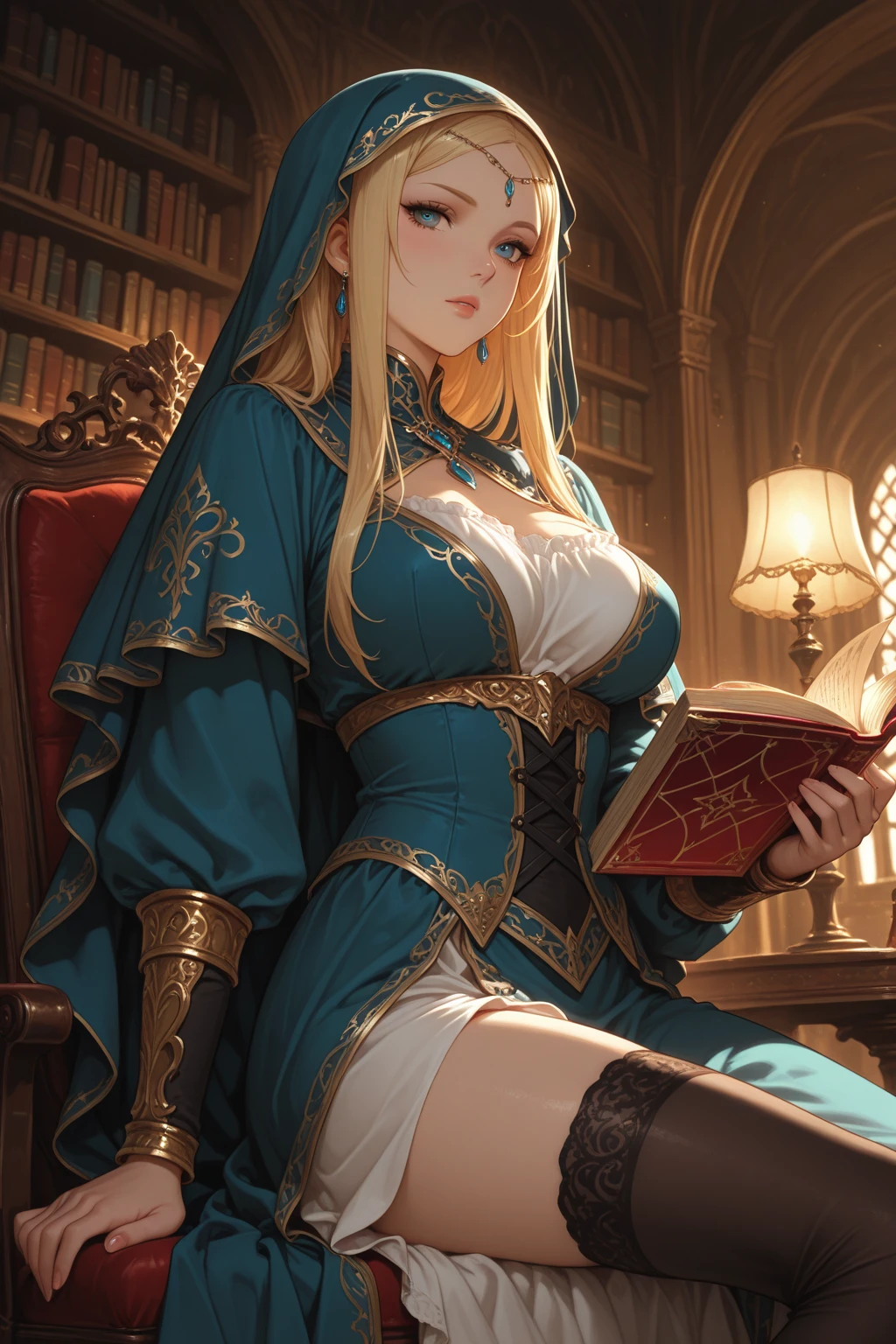 Masterpiece, Best Quality, (((Solo mature woman Janet))), (((platinum blonde hair))), very long braided Ponytail, (((wide hips))), (((light blue eyes))), full lips, seductive smile, cleavage, kneeling with silk pillows, (((bookshelves, candles))) sunset, blushing, , "beautiful mature face" , age30 , MILF , adult ((purple open kimono with detailed patterns of gold)), bare shoulder, ((Sexual suggestiveness)), perfect beautiful eyes, detailed eyes. thick lips, ((huge boobs)), (Thick thighs), top down, looking down, (((shiny oiled skin))), (((chubby))), (((crystal Ball)), (((jewelry))), purple gold kimono, hair covering face