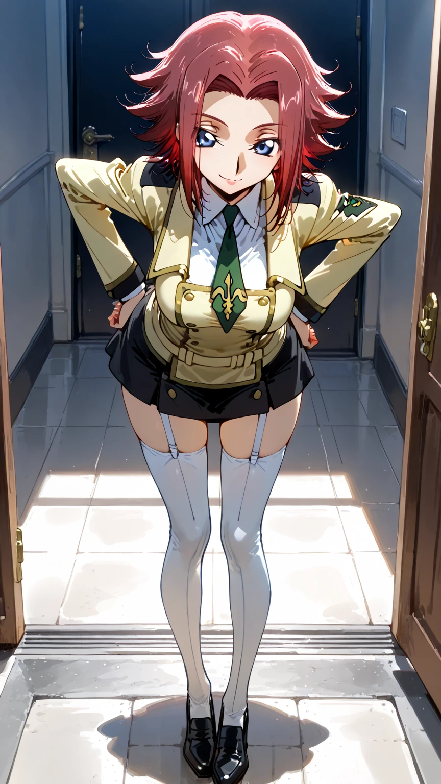 ((1 girl)), ((alone)), Rei Miyamoto, ((Extremely detailed CG unity 4k wallpaper)), (Masterpiece), (ultra quality), (Ultra detailed), (best illustration), ( best shadow), (extremely detailed), looking at viewer, (absurdities), (detailed background), curvy body, dynamic pose, cowboy photo, large breasts, medium waist, wide hips, medium thighs, round butt,(( long hair, brown hair, hair antennae, brown eyes, green sailor collar, black bow tie, white shirt, long sleeves, pleated skirt, green skirt, black thigh-high stockings, ((skirt lift: 1.4)), smile , closed mouth) ), seductive, Standing, cowboy photo, backlight, ((only)), ((Standing:1.4, indoor, school, classroom, desk, window, sunset, (sexy smile, pose sexy: 1.4), looking back, from behind, ((focus on ass), pov: (from below), perfect anatomy, perfect hands,