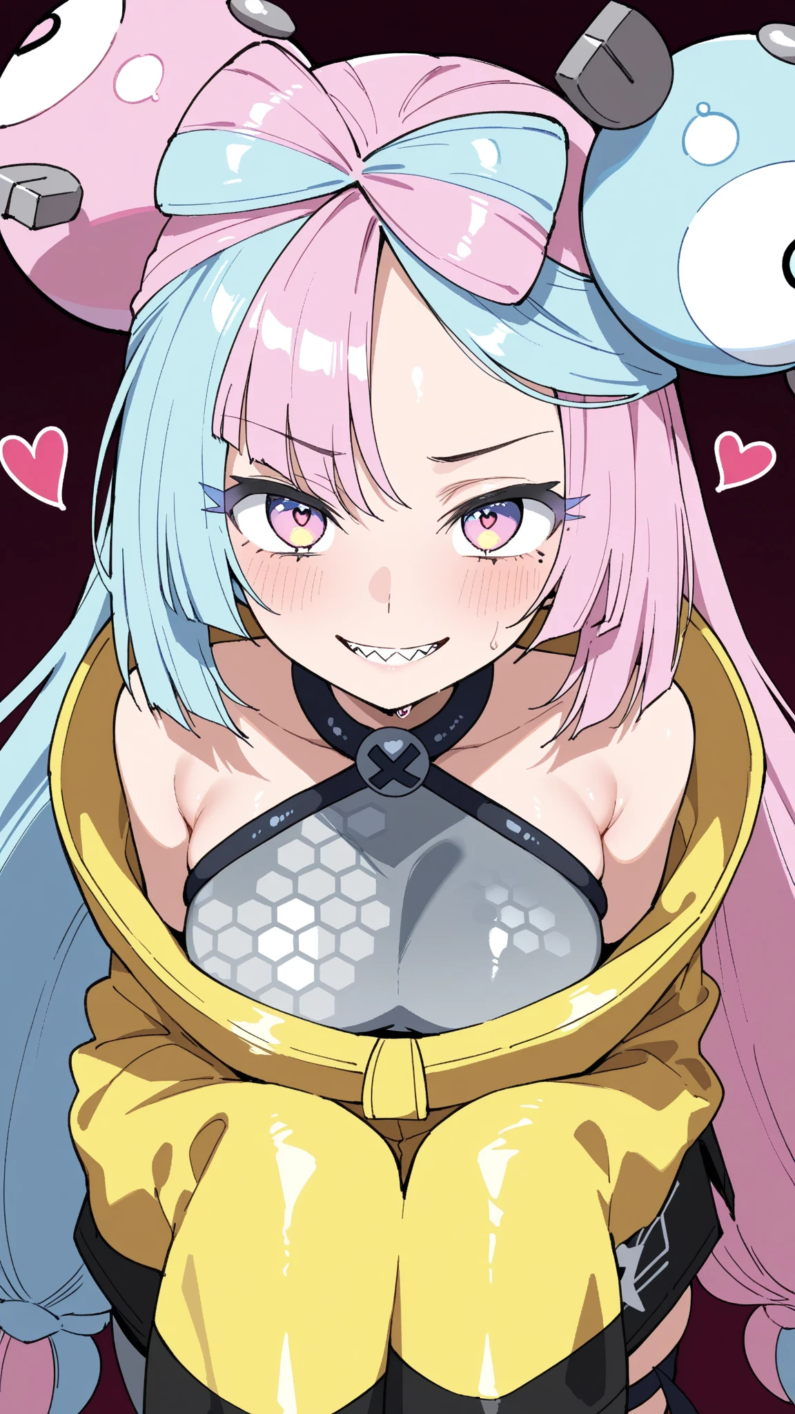 (masterpiece), best quality, Expressive eyes, perfect face, 4K image, Ultra HD, (high detail), Maximum sharpness, bright colors, 1 girl, skinny, solo, looking at the viewer, blush, succubus, demon, dark purple skin, naked, crossed arms, studded bracelet, cross earrings, bright pink hair, long hair, dark eyes, dark horns, thin tail