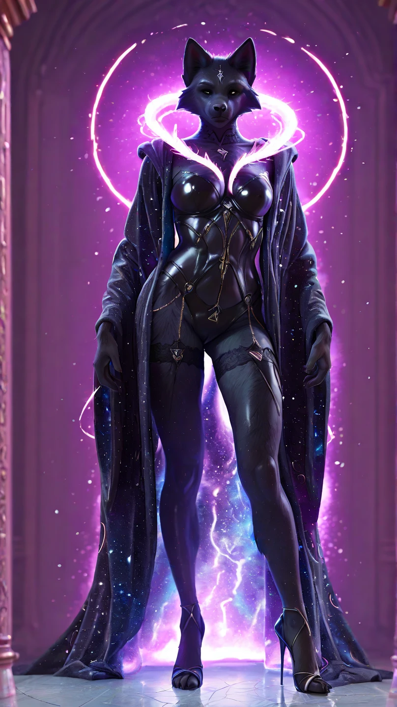 Full length portrait of a beautiful girl with purple hair bob cut wearing a costume with a deep slit::style Mosaic、colourfull、high-detail、Photorealsitic、highcontrast,detailed eyes, detailed hands, detailed face, elf girl, full body