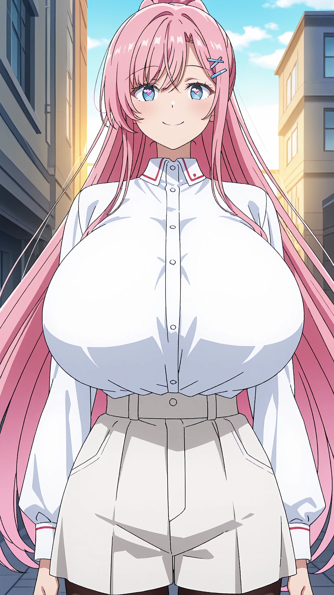 1 girl, 19 years old, Long pink hair, green eyes with slit pupils, master-piece, best quality, (standing up), (pink hakama trousers), (white long-sleeve kimono top, pink hakama trousers, cleavage), (Big , ultra gigantic , Super super big, Glamorous body), Make eye contact with the camera, front figure, looking forward, (light_Smile:1.5), (Detailed hands and fingers:1.2) (feudal Japan), (FULL BODYSHOT), thighs thighs thighs thighs