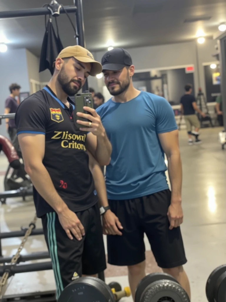 Handsome man , light mustache, hot muscular body , medium curly hair , gym selfie, quality like its taken by iPhone 12 , wearing a black sport short and headpohnes