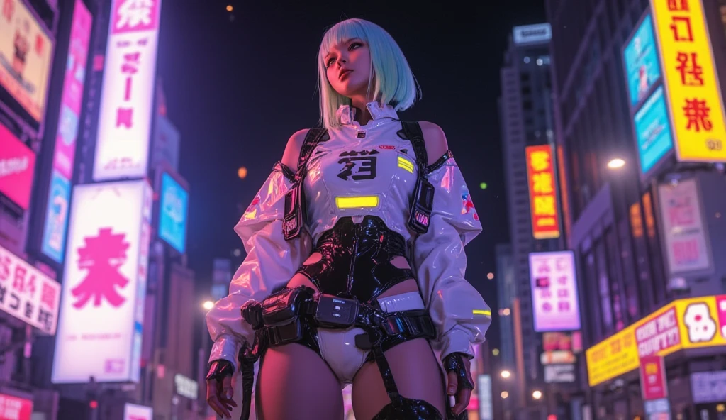 there is a woman standing on the side of the street, cyberpunk art by Yang J, trending on Artstation, realism, artwork in the style of guweiz, anime style. 8k, guweiz, realistic anime 3 d style, trending on cgstation, 🤤 girl portrait, hyper-realistic cyberpunk style, anime style mixed with fujifilm, dreamy cyberpunk girl,holding futuristic ,silver ,titaniumaloyd,colt 45 revolver,holding colt 45 revolver on side of hip, sexy grinn,showing sholders,showing hand gun-Colt 45 Revolver in plane sight, Raspberry glowing, lipstick ,showing tuffness,radicalism,confident look.