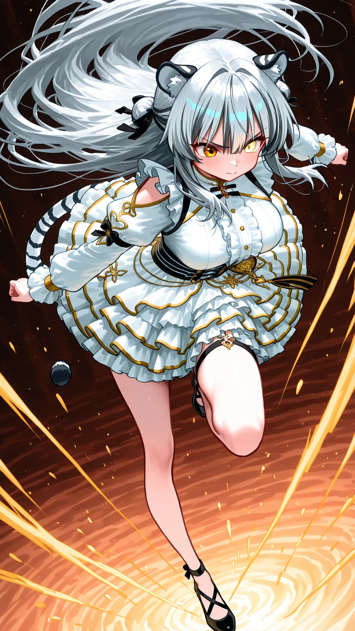 A young girl of big sister type. She had big jugs, covered by yellow armor.
A yellow skirt that reached down her thighs. And black thigh-high-sock covering her thighs leaving a little bit of skin between her sock and skirt for display.
She had silver long hair tied in braids making her look lovely and charming.