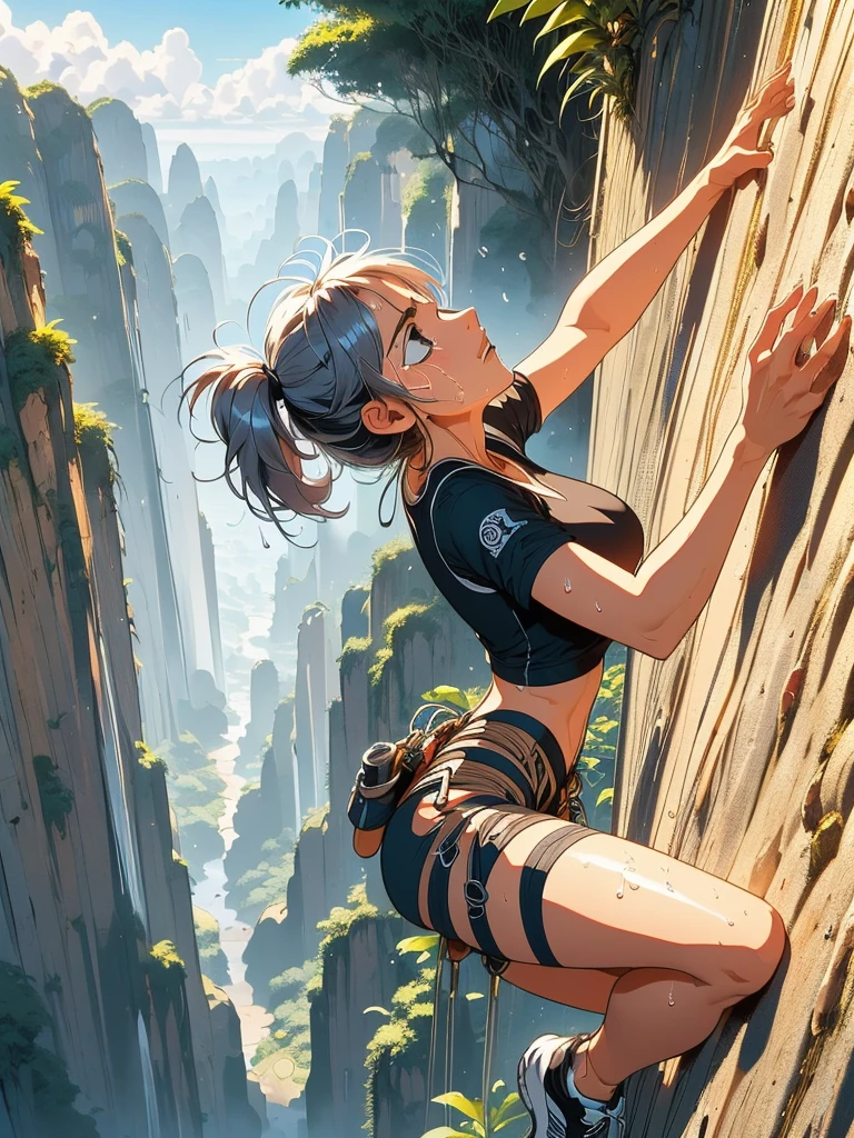 (((masterpiece))), (((best quality))), (((free solo climbing))), ((hands on cliff)), ((raise head)), ((sweat)), ((fluttering hair)), ((sneakers)), ((pendant)), (crop top), (shorts), holster, fog, sky, jungle, canyon, high sky, wind, solo, 1girl, cleavage, ((big tits)), open mouth, purple hair, low twintails, ribbon, shy, blush, slim figure, ((twilight)), <lora:girllikefreesoloclimbing:1>