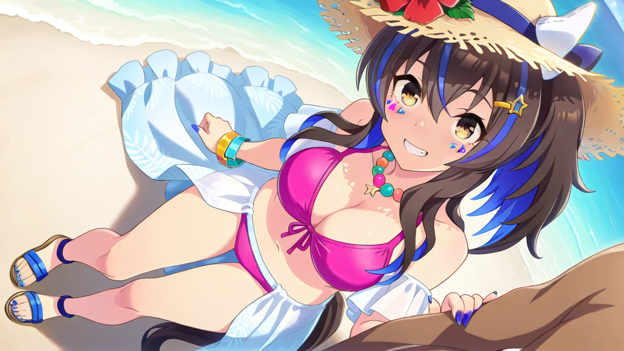 1girl, pov, 1boy, paizuri, penis between the breasts, breasts squeeze together, , , we're going to be beach, she gives me a titfuck, hifumi gives me a titfuck, beach, shy pubic hair, bikini, comedy, secret, hiding