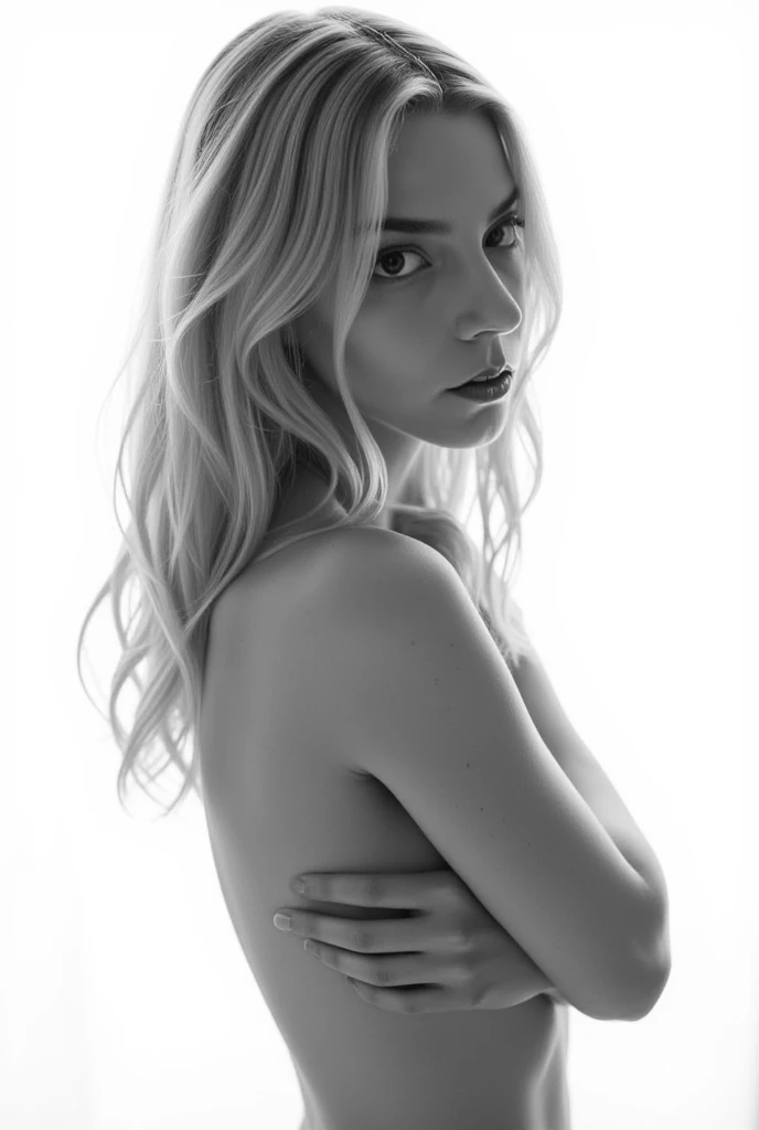 Photorealistic, masterpiece grayscale  photo, woman with messy hair and poor tattered clothes, cute sexy, nude, (detailed medieval background), ultra sharp focus, detailed face, (((posing))),  random hair color, short hair, beautiful eyes, with face of Ana de Armas, full body, high quality black and white image